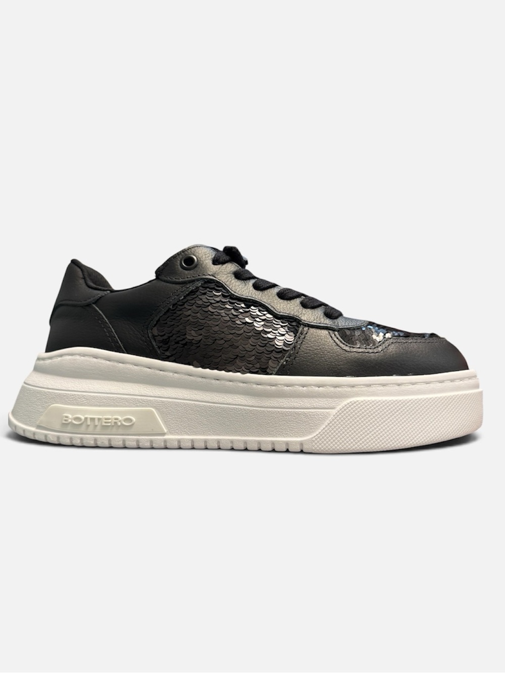 Bottero Black Leather Platform Sneaker with Sequin Detail